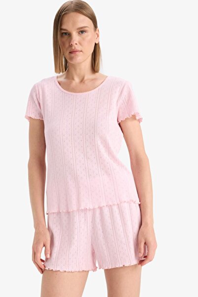 DeFacto Regular Fit Pijama Takımı Kısa Kollu Üst Esnek Belli Şort-Fall in Love E4335AX25SP