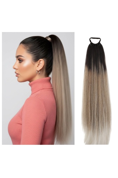 Mina Peruk Kahverengi / Kumral Ombre Beyaz Platin Röfle Düz At Kuyruğu – Toka...