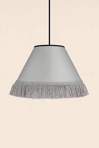 VENON Açık Gri Kumaş İPLİKLİ --Çise Tekli Siyah AbajurPüsküllü Avize Bohem Ta...