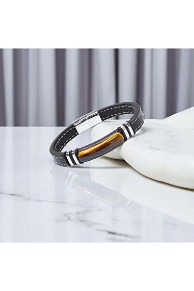 Mestore Kaplangöz Stone &amp;   Leather Cord Titanium Steel Men's Bracelet