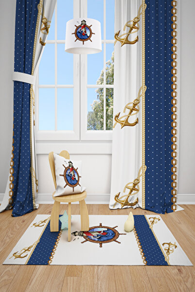 Talia Home Sailor Anchor Patterned Children's Room 2 Wings Background Curtain...