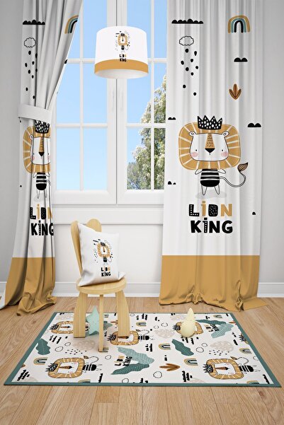 Talia Home Lion Patterned Children's and Baby's Room Background Curtain TLA-198