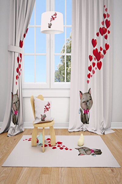 Talia Home Серце і кішка Дитяча та дитяча кімната Штора 2 крила Tla-157