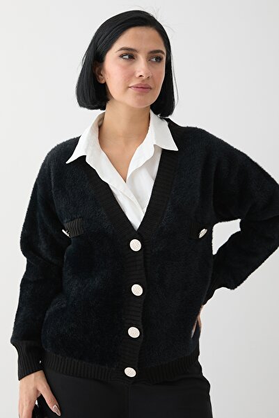 InStyle Black Knitwear Cardigan - Pocket Detailed and Furry