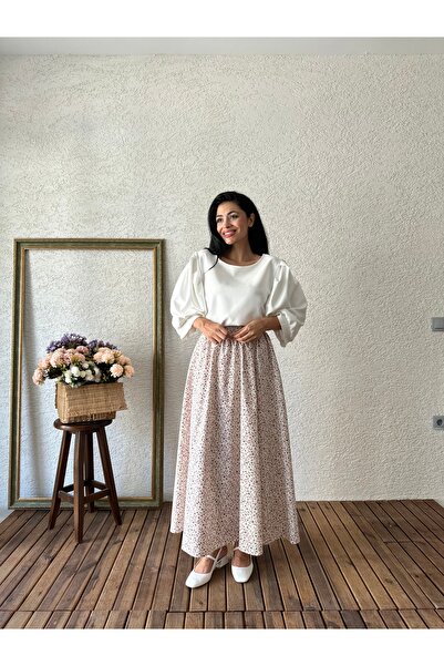 KÜÇÜĞÜM BUTİK Poplin Flared Skirt - Ecru and Purple Mixed Flower Pattern