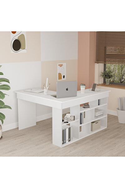 Yurupa Corner Kitaplık Raflı Çalışma Masası Beyaz COR5-W