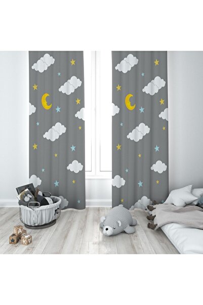 Talia Home ستارة خلفية لغرفة الأطفال والرضع بنمط السماء الرمادية 2 أجنحة Tla-294