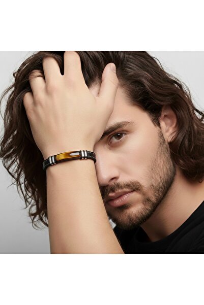 Mestore Kaplangöz Stone &amp;   Leather Cord Titanium Steel Men's Bracelet