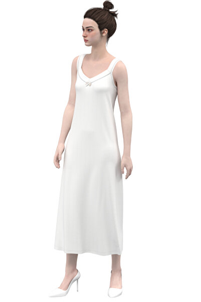 TOLIN %100 Pamuk Kadın Biyeli Uzun Ribana Kombinezon Gecelik Beyaz 1231