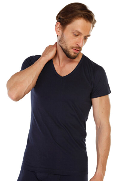 TOLIN Мъжка тениска с V-образно деколте, тъмносиня, 100% памучен трикотаж, модел 317
