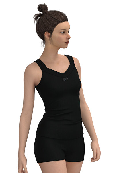 TOLIN Kadın %100 Pamuk Geniş Kalın Askılı Siyah Atlet 1214