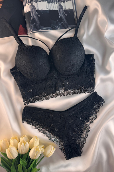 Madame Mercy Göğüs Kaldıran Destekli Pamuklu Siyah Sütyen Takımı