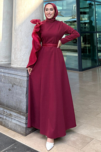 Tesettür Diyarı Kadın Fiyonk Detaylı Krep Kumaş Füsun Abiye Elbise- Bordo