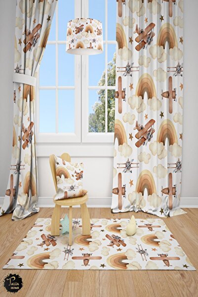 Talia Home Kahverengi Uçak Desenli Çocuk Odası 2 Kanat Fon Perde TLA-314