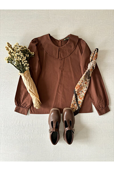 KÜÇÜĞÜM BUTİK Καφέ μπλούζα ποπλίνα με μικρό γιακά