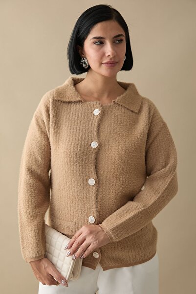 InStyle Boncuk Cep Detaylı Camel Hırka