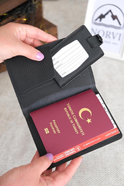 Norvi Leather Genuine Leather Passport Cover and Luggage Tag Black 1118