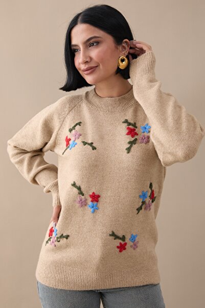 InStyle Çiçek İşlemeli Yumoş Kazak Camel