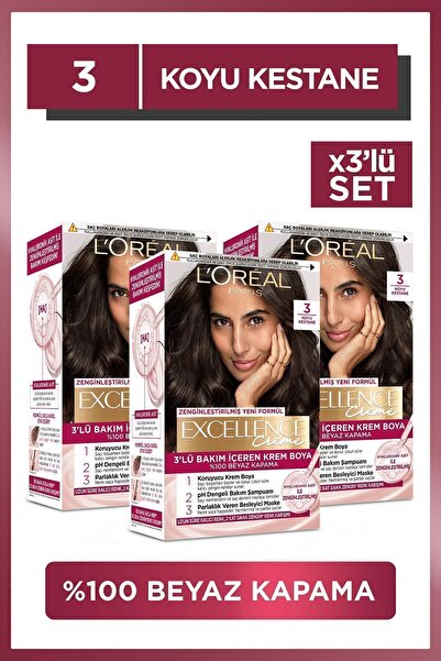 L'Oreal Paris Excellence Creme Saç Boyası 3 Koyu Kestane 3'lü Set