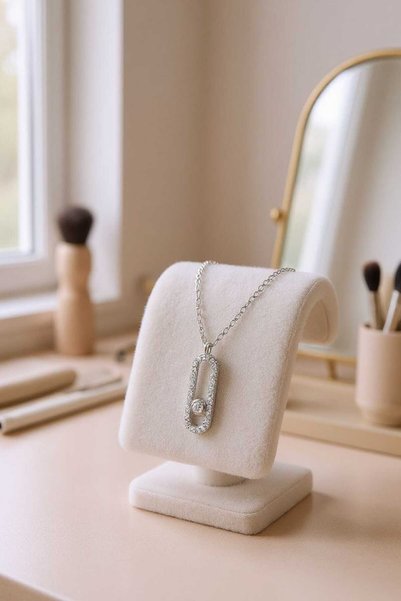 Bijuty Geometric Steel Necklace Silver Color with Zircon Stone - (with Surprise Gift)