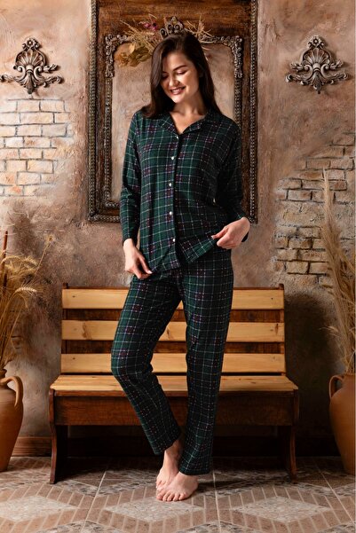 Sude HOMEWEAR Dámská zelená kostkovaná košile semišová pyžamová souprava