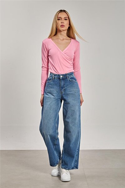 BARRELS AND OIL Kadın Kruvaze Yaka Uzun Kol Body - Pembe