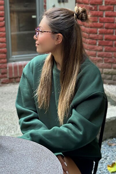 COMBİNE MİCHAİL Дамски суитшърт с дебел повдигнат мек кръгъл деколте, тъмнозелен, голям размер