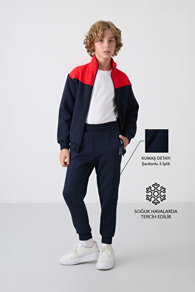 TOMMY LIFE Lacivert Pamuklu Kalın İçi Tüylü Standart Fit Nakışlı Erkek Çocuk Eşofman Takım - 11240