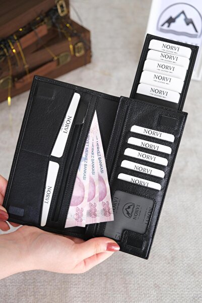 Norvi Leather Telefon Bölmeli Mıknatıslı Hakiki Eskitme Deri Cüzdan Parlak Siyah 1023