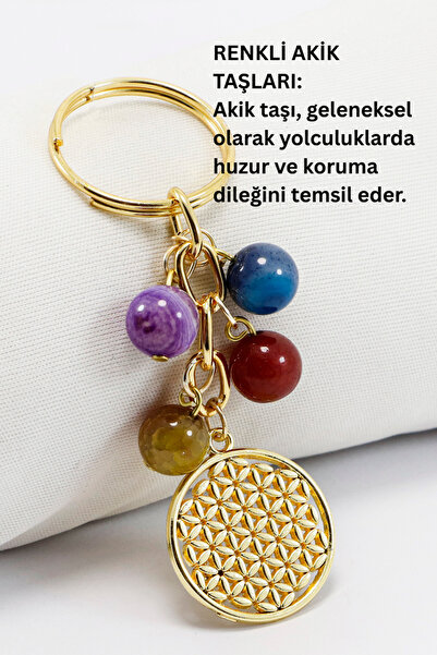 biuti Doğal Taşlı Gold Renkli Metal Yaşam Çiçeği Anahtarlık, Renkli Akik Taşl...