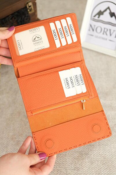 Norvi Leather Saraciye Stitched Multi-Compartment Genuine Leather Wallet Women's Orange 1065
