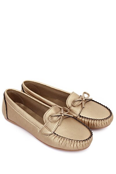 GÖNDERİ(R) Gold Heel Round Toe Flat Sole Bow Women's Ballerinas 30100