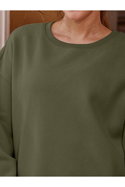 COMBİNE MİCHAİL Khaki Color Women's Oversize Sweatshirt - Soft, Crew Neck, Thick Raised