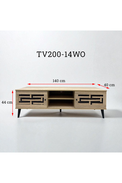 TrentonGCC TV Cabinet 140cm with Storage Shelves, Woven Door Design & Black Legs