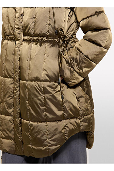 Sisley Women's Khaki Hooded Waist Drawstring Hidden Zipper Closure Coat