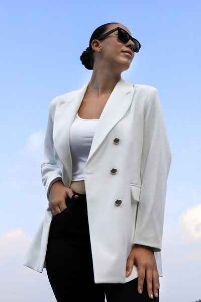 Ashley //Large Size Long Gold Buttoned Ecru Blazer Jacket