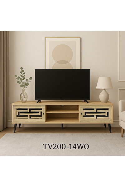 TrentonGCC TV Cabinet 140cm with Storage Shelves, Woven Door Design & Black Legs