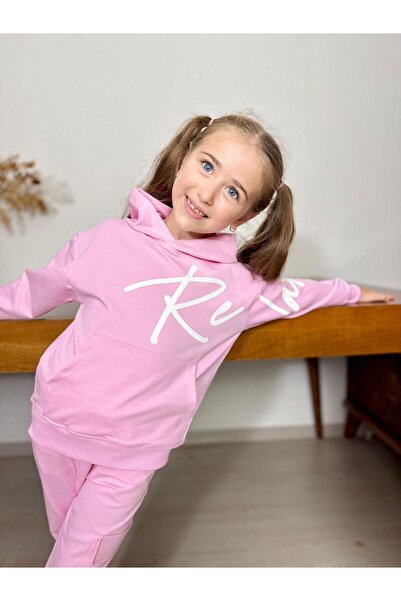 Esprix Kids طقم سويت شيرت وبنطلون رياضي وردي اللون للفتيات مع قلنسوة