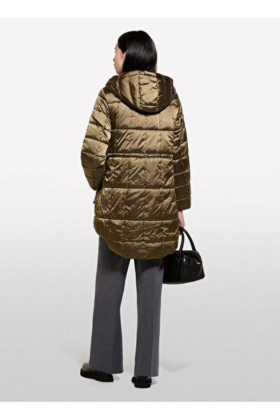 Sisley Women's Khaki Hooded Waist Drawstring Hidden Zipper Closure Coat