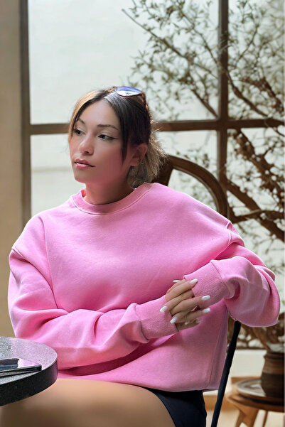 COMBİNE MİCHAİL Candy Pink Women's Sweatshirt - Soft, Crew Neck, Oversize Thick Raised