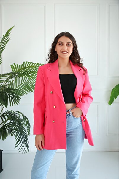 PARKDERİN Ashley Uzun Gold Düğmeli Pembe Renk Blazer Ceket