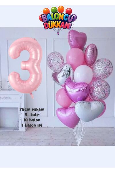 Işıltı Balon Dükkanı Pink Birthday Balloon Set - Heart Shaped Pink Concept Pa...