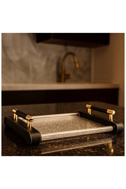 package home Luxury serving tray with acrylic base and leather handles with gold frames