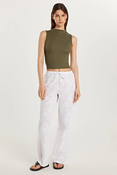 Tudors Kadın Regular Fit %100 Pamuk Beli Lastikli Bağlamalı Geniş Paça Ekru Pantolon