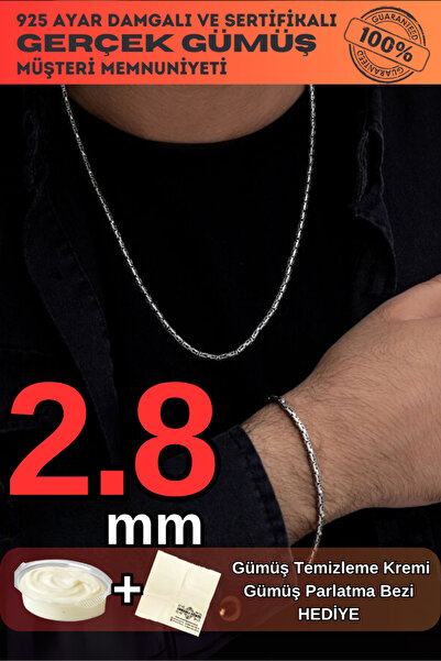 OSMANLI GÜMÜŞ Erkek Gümüş Bileklik Kolye Set - 2.8mm 925 Ayar Gümüş Yuvarlak ...