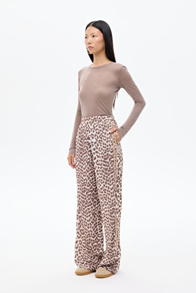 Quzu Leopar Desenli Şeritli Bol Paça Pantolon Kahverengi