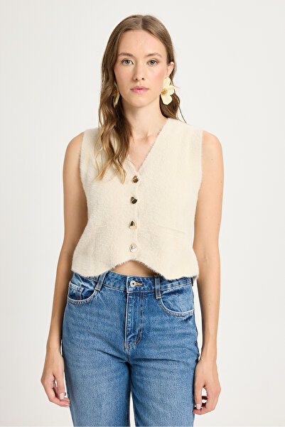 minaaise Women's Stone Knitwear Vest Gold Button Detailed Soft Textured 2541