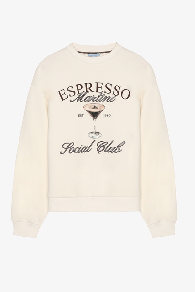 Quzu Espresso Printed Text Embroidered Oversize Sweatshirt Ecru
