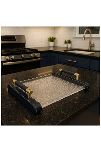 package home Luxury serving tray with acrylic base and leather handles with gold frames