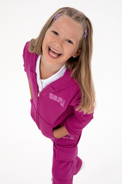 U.S. Polo Assn. سويت شيرت بناتي أساسي بغطاء للرأس وسحاب باللون الفوشيا 503168...